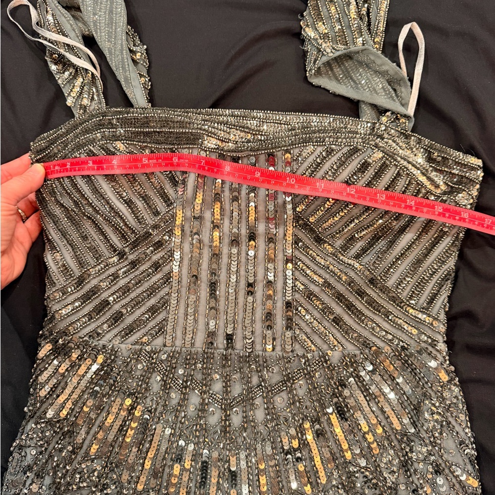 Adrianna Papell Beaded Halter Gown in Dusty Teal and Silver - Picture 9 of 9